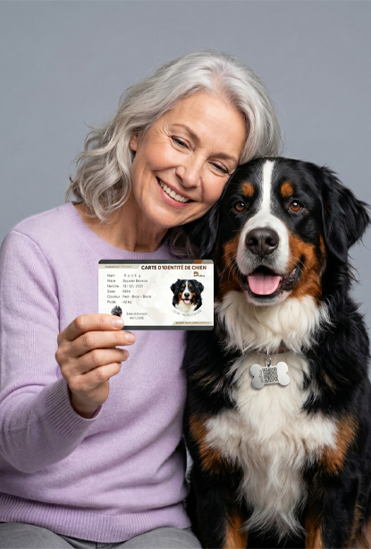 Jeune femme en salopette rose tenant tendrement son petit chien équipé du médaillon QR PETICA, dans une ambiance lumineuse et chaleureuse
